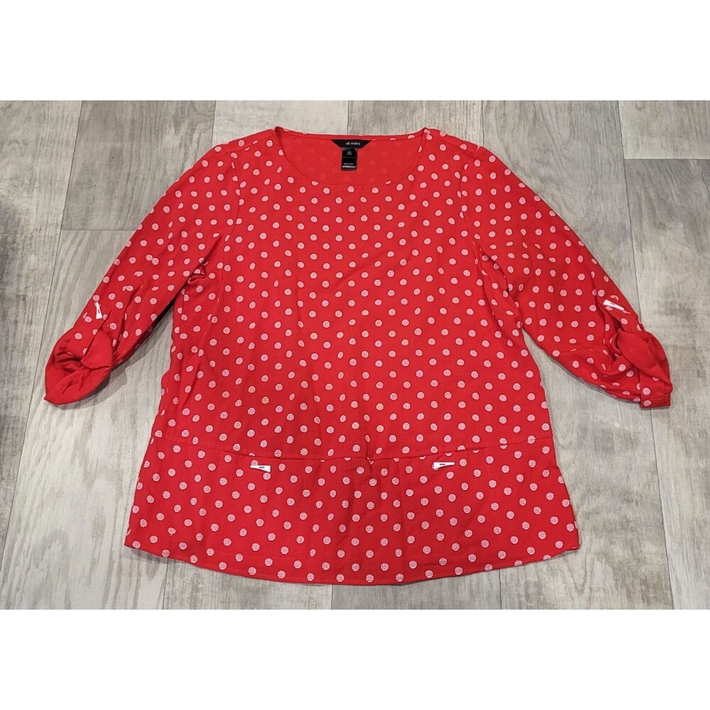 Ali Miles Red White Polka Dot Tunic Top Size L Roll Tab Sleeves Art to Wear Boho